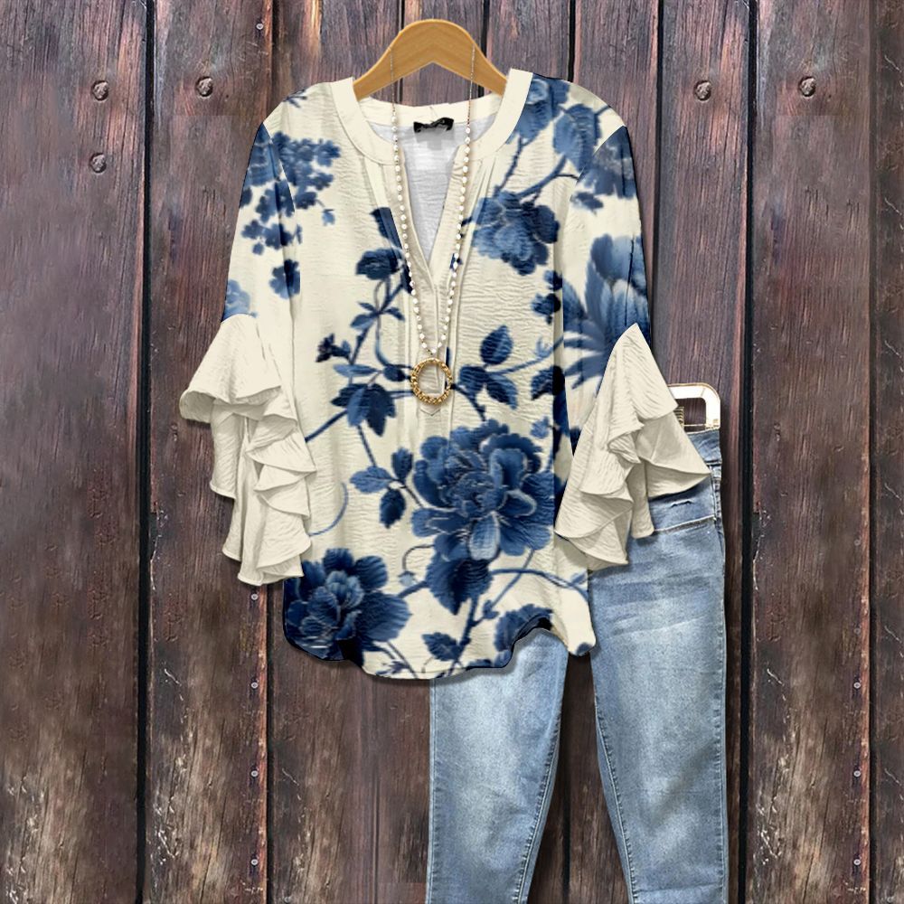 Blairly™ | Vintage Retro Ruffle Sleeve Floral Blouse