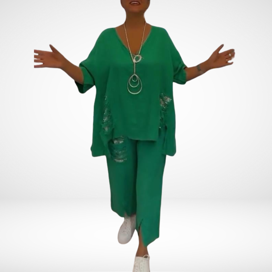 Briella™ Elegant Two-Piece Summer Set | V-Neck Top and Wide-Leg Pants