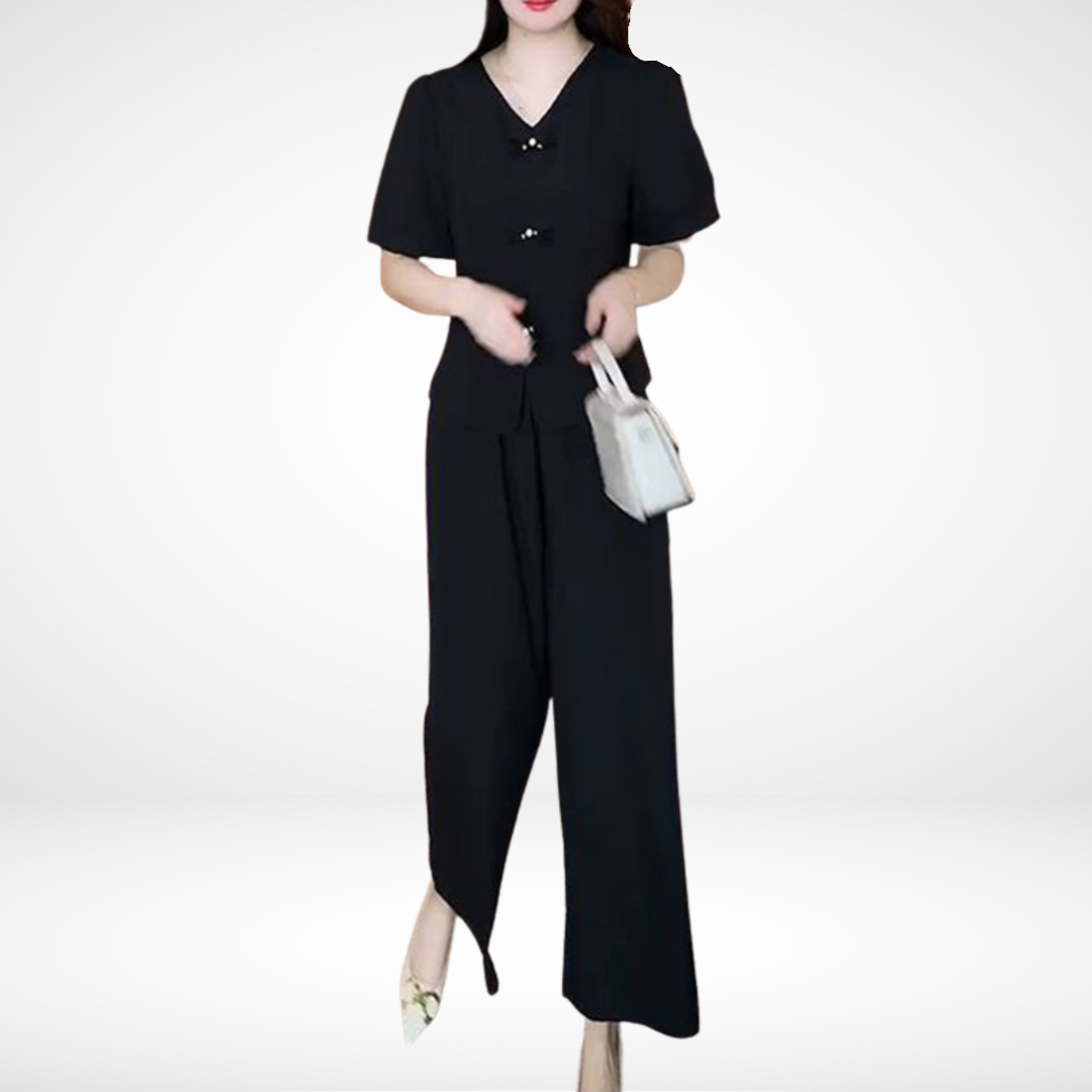 Elsie™ Elegant Short-Sleeve Two-Piece Set | V-Neck Top and Wide-Leg Pants