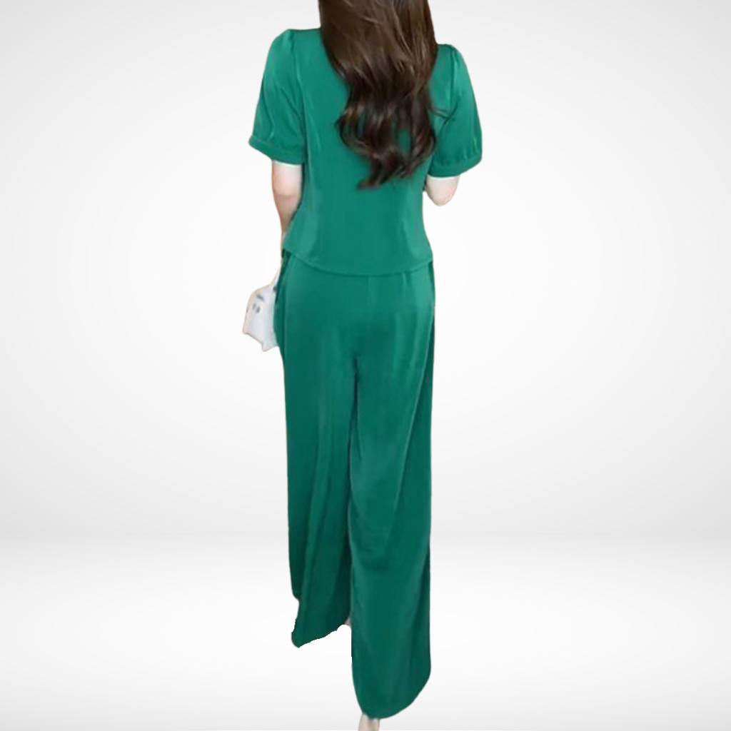 Elsie™ Elegant Short-Sleeve Two-Piece Set | V-Neck Top and Wide-Leg Pants