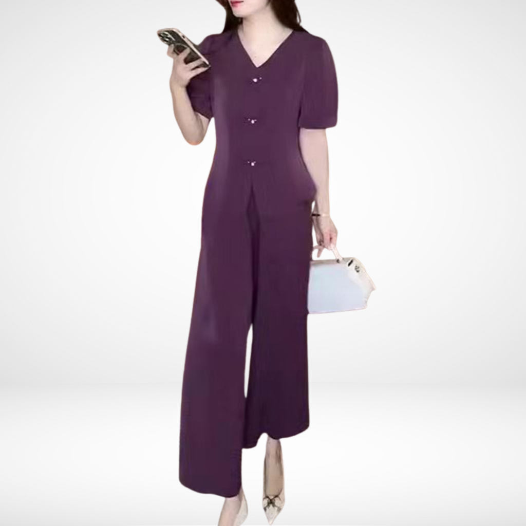 Elsie™ Elegant Short-Sleeve Two-Piece Set | V-Neck Top and Wide-Leg Pants