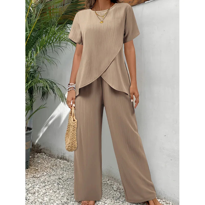 Lorrina™ Elegant Soft Two-Piece Set | Asymmetrical Blouse and Relaxed Pants
