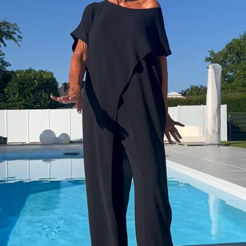 Gabbie™ Elegant Off-Shoulder Two-Piece Set | Relaxed Top and Wide-Leg Pants